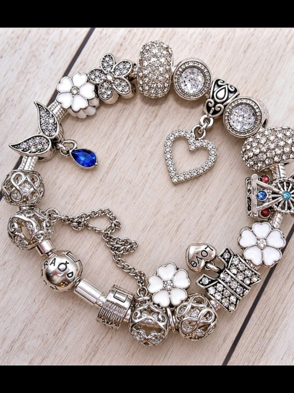 Pandora Moments Snake Chain Charm Bracelet with Assorted Charms Silver & Blue